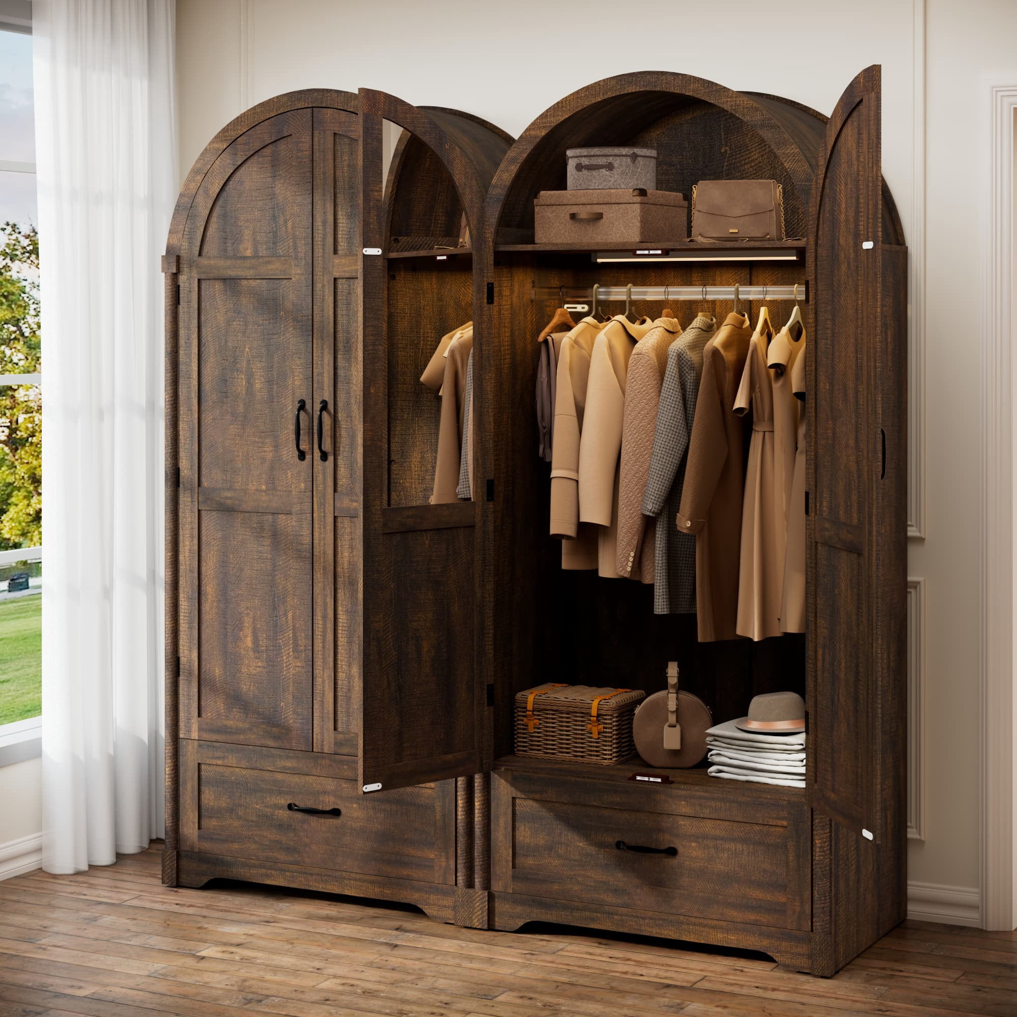 Arched Armoire Wardrobe with LED Sensor Light & Mirror, 2-Door Wardrobe Closet with Drawers, Rustic Farmhouse Bedroom Armoire Clothing Storage Cabinet with Hanging Rod