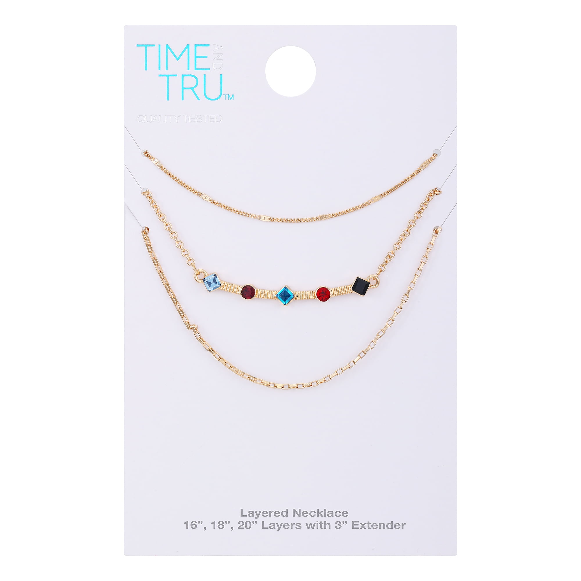 Time and Tru Women's 16" Gold Tone Delicate Layered Necklace with Gemstone Bar Station