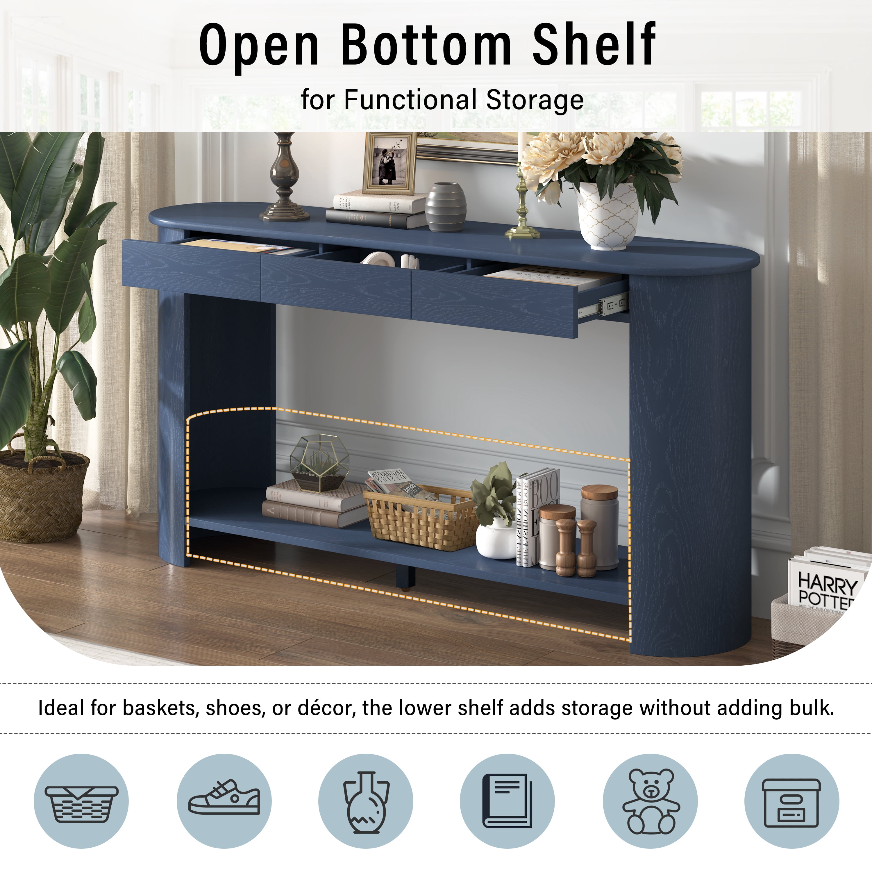 Euroco 59.8" Long Console Table with 3 Drawers, Solid Wood Sofa Table Entryway Table with Bottom Shelf for Living Room,Hallway,Entryway, Foyer,Navy Blue