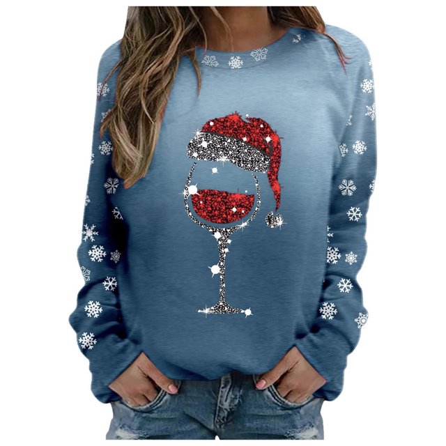 VJATTWR Mes Articles Chandail de Noël Femmes Dames Hiver Décontracté et Confortable Vacances Verre Rouge à la Mode Flocon de Neige Imprimé de Noël Col Rond Manches Longues Chandail à Capuche Haut Livraison Rapide