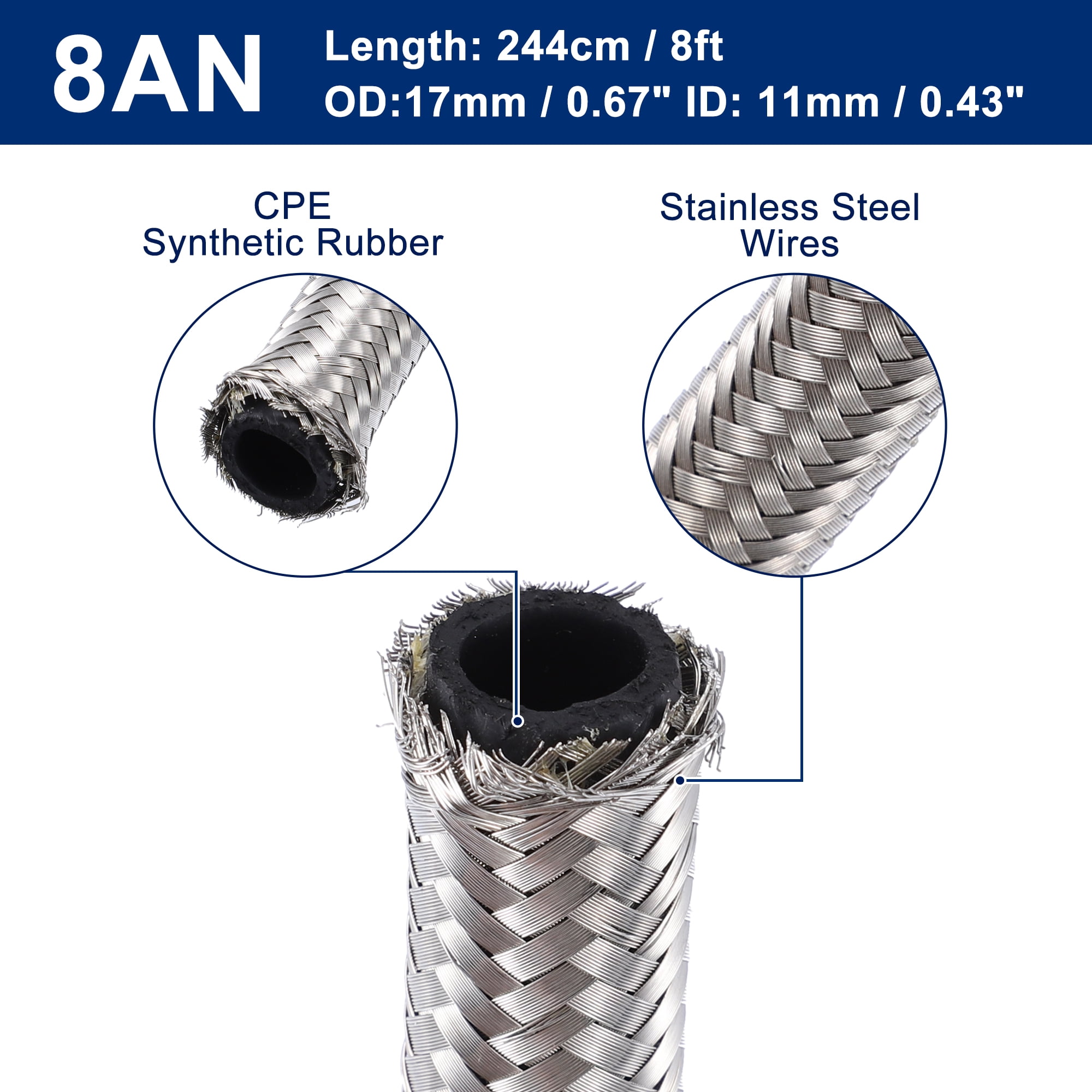 Unique Bargains 8ft 8AN Fuel Hose AN8 Universal Car Braided Stainless Steel CPE Oil Fuel Gas Line Hose Silver Tone
