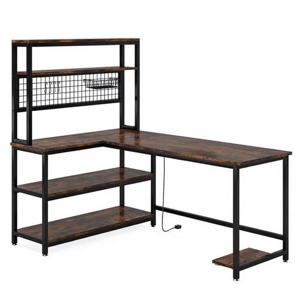 Rustic Reversible L Shaped Corner Desk with 5-Tier Open Bookshelf & Built-in Wireless Charging Station, Engineered Wood Steel Frame Home Office Computer Desk