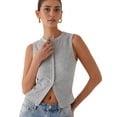 thumbnail image 3 of Women'S Sleeveless Round Neck Slim Fit Ribbed Button Vest Light gray S, 3 of 10