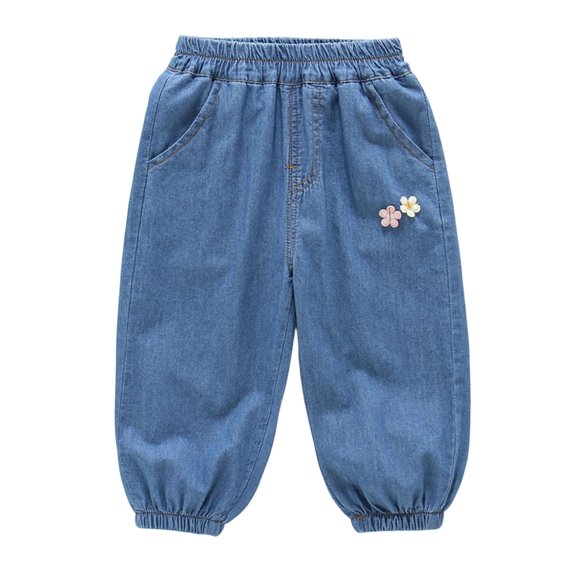 Landzoo Toddler Girls Trousers Floral Print Elastic Waist With Pockets Summer Breathable Pants Size 3-4 Years Dark Blue
