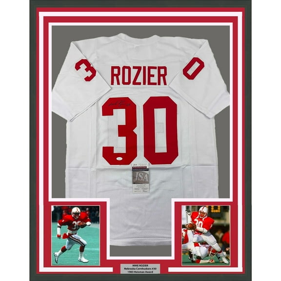 Framed Autographed/Signed Mike Rozier 35x39 Nebraska White College Football Jersey JSA COA