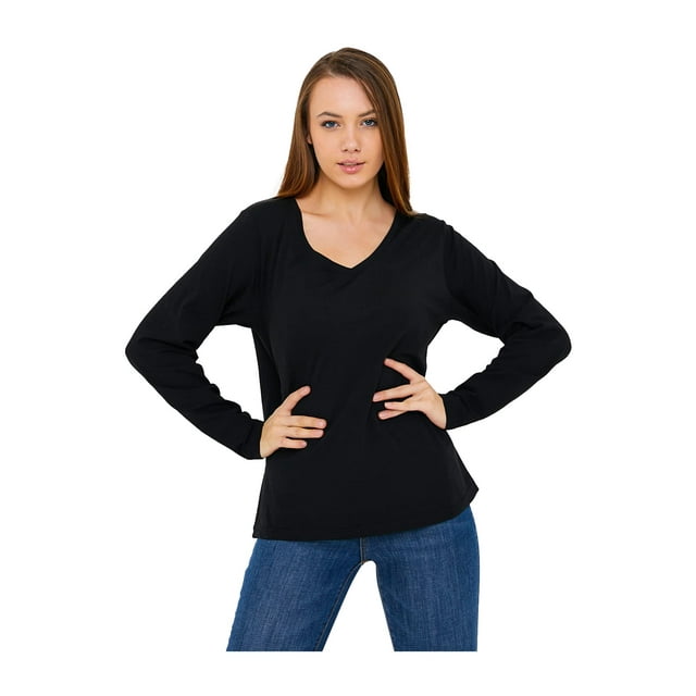 Sierra Socks T-Shirts à Manches Longues en Coton à Col en V Unis pour Femmes (Noir, Très Grand)