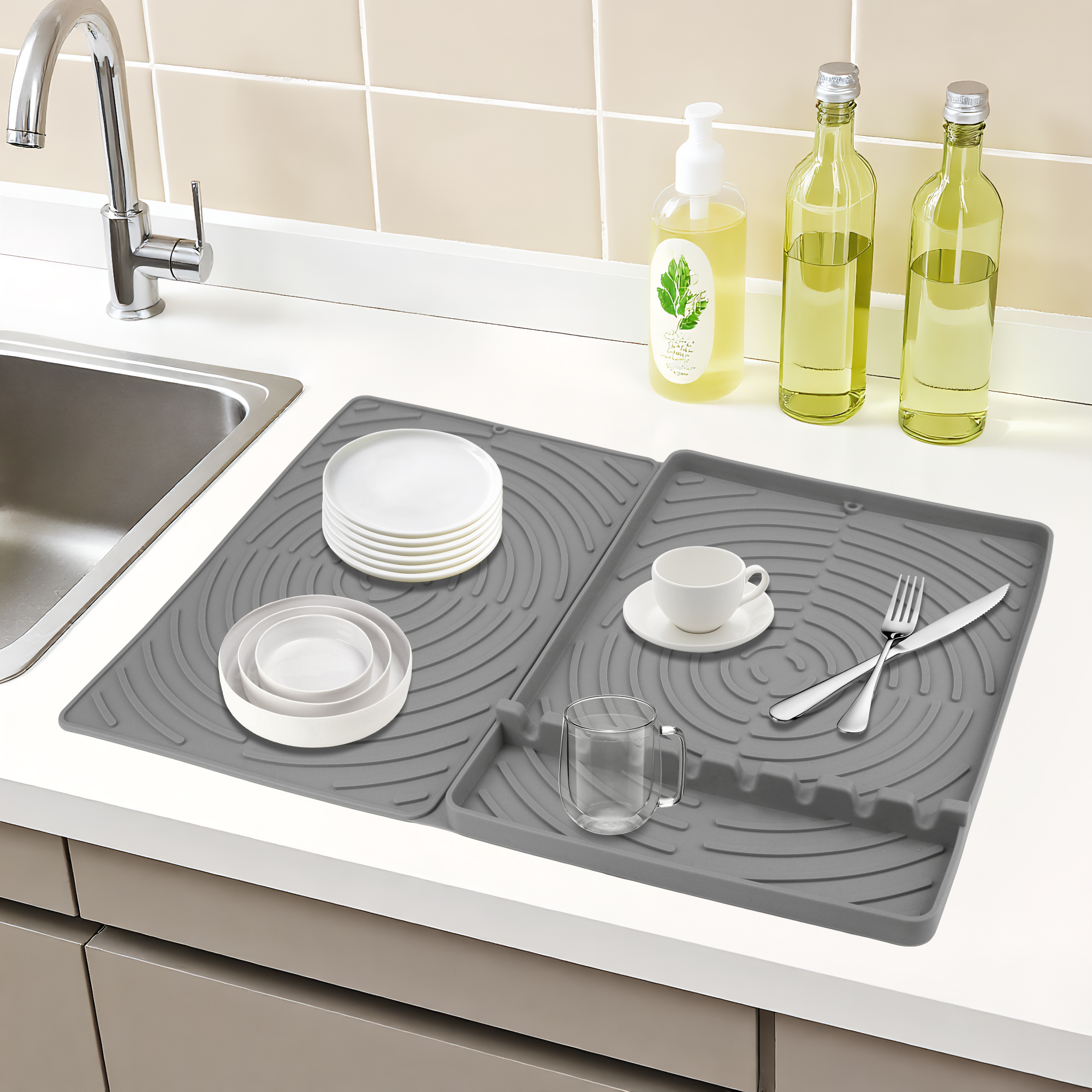 Unique Bargains Dish Drying Mat Fits Under Dish Rack for Kitchen Counter Gray