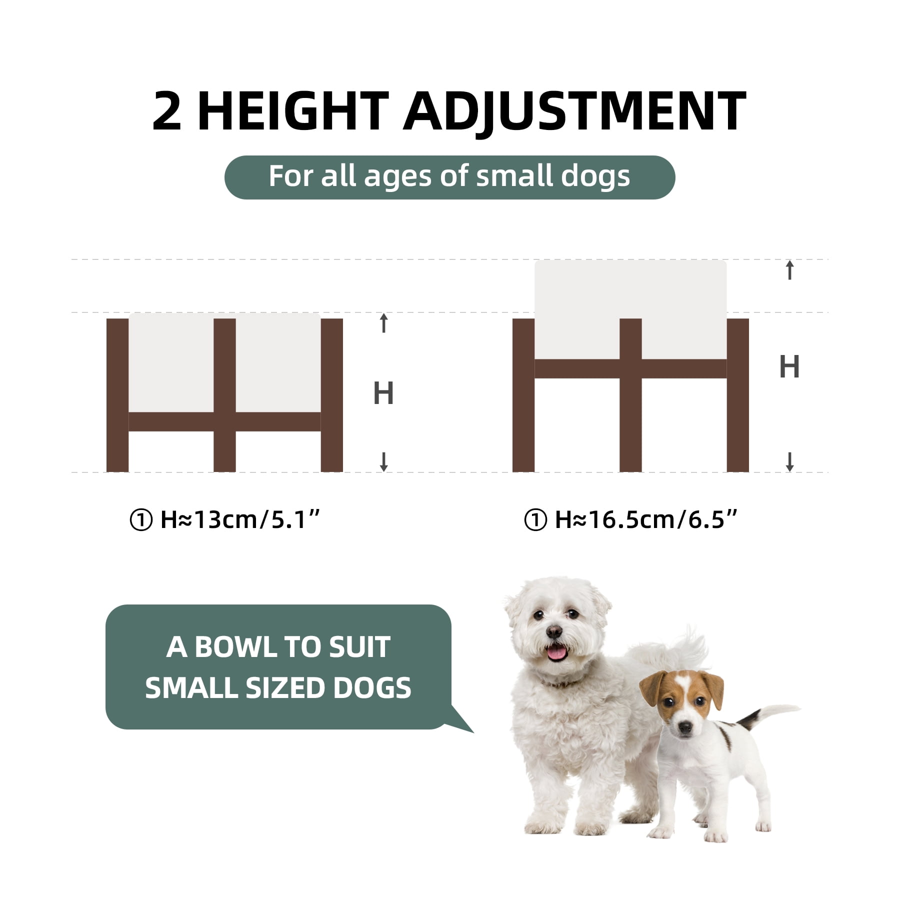 LarqeeWare Ceramic Raised Double Bowls Set with Acacia Wood Stand, 2 Heights Elevated, Food & Water Bowls for Small Breed Dogs, Weighted Dog Dishes, Pet Bowl,6.1inch (27oz, Arctic White)