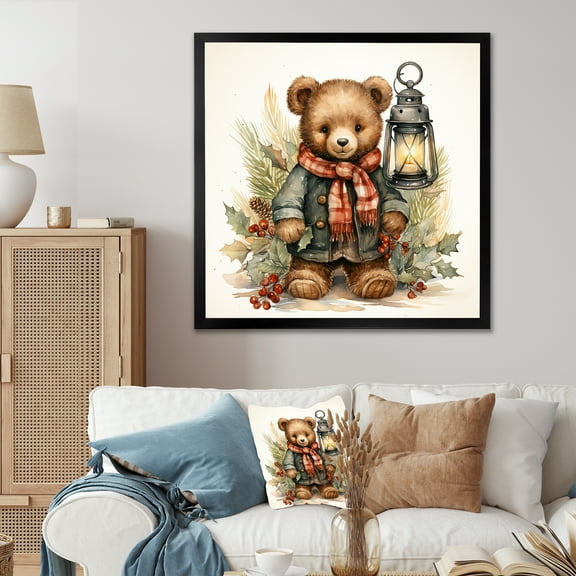 Designart "Christmas Teddy Bear Wonderland I" People Framed Wall Art Decor - Farmhouse Brown Nursery Teddy Bear Bedroom Framed Canvas Wall Art