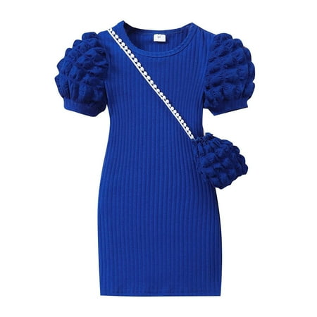 Odeerbi Kids Girls Puff Sleeve Bodycorn Dress with Cute Bag Party Mini Knit Dress Lightweight Short Sleeve Round Neck Solid Color Dress Set Kids Clothes Blue