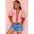 thumbnail image 3 of Women's Pink Floral V Neck Blouse – Southern Belle Contrast Trim Short Sleeve Summer Top, XL, 3 of 12