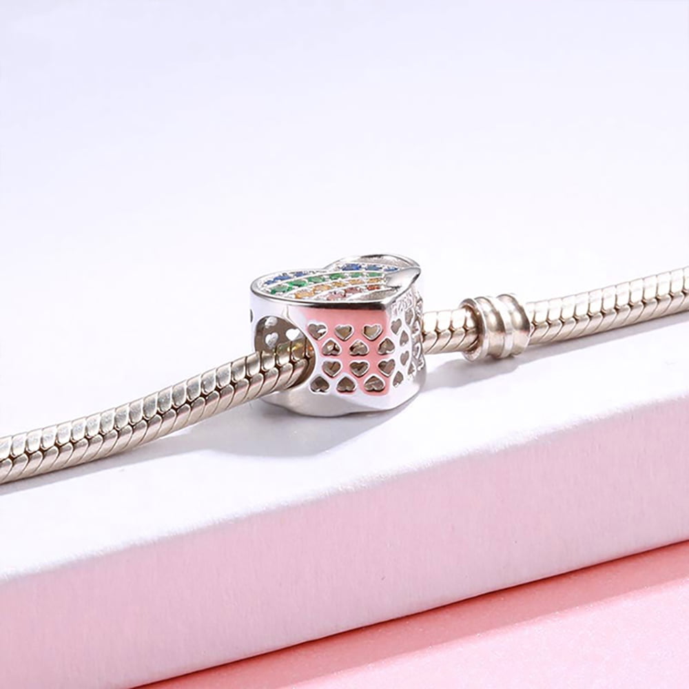 Heart Charm for Women European Bracelet Bead Sterling Silver Rainbow CZ Ginger Lyne Collection