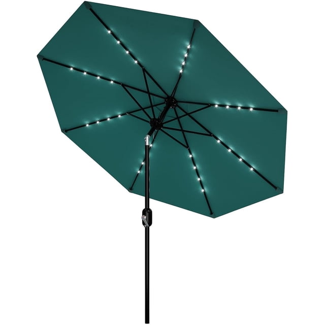 Parasol de Marché à DEL Solaires avec Manivelle d'Inclinaison Automatique, Parasol de Patio Extérieur à 8 Baleines Robustes, Résistant à la Décoloration, Blocage UV, Hydrofuge, pour Bord de Piscine, Jardin, Terrasse, Cour Arrière