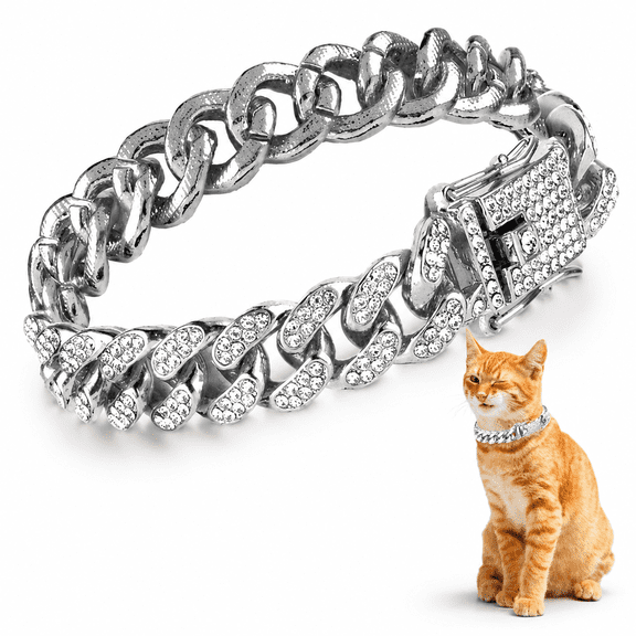 Diamond Cat Chain Collar, Metal Cuban Link Dog Collar with Secure Buckle Cat Pet Necklace Chain Pet Collar Jewelry Accessories for Small Medium Dogs Cats Puppy Kittens (Silver, 10 inch)
