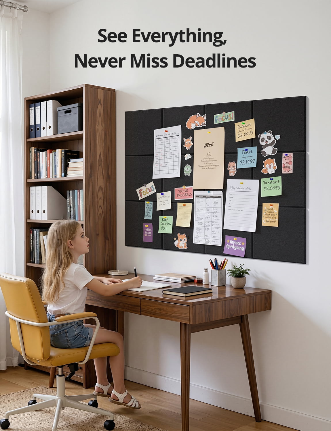 Kuchoow Large Cork Boards for Walls 48" x 36" Bulletin Boards with Pushpins for Office, 12 Pack Self-Adhesive Tack Board Self-Adhesive Black Felt Wall Tiles for Room Classroom