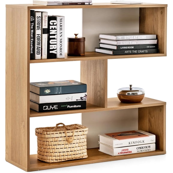 Wubio 3-Tier Bookshelf, Wooden Concave Bookcase for Small Space, Modern Freestanding Display Storage Shelves, Small Book Shelf, 3-Cube Bookcase with Anti-Toppling Device for Living Room, Bedroom
