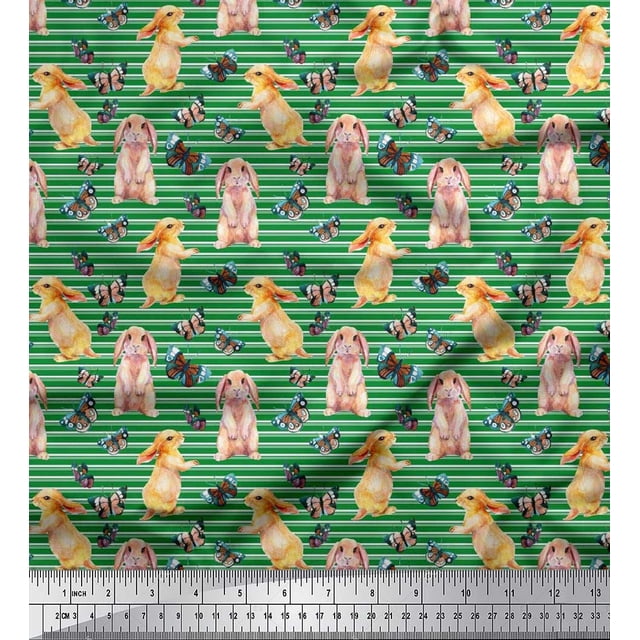 Soimoi Green polyester Crepe Fabric Stripe,Insect & Bunny Animal Decor Fabric Printed BTY 52 Inch Wide