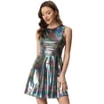 thumbnail image 1 of Disfraz de navidad Vestido acampanado holográfico Allegra K sin mangas brillante metálico Multicolor M, 1 of 5
