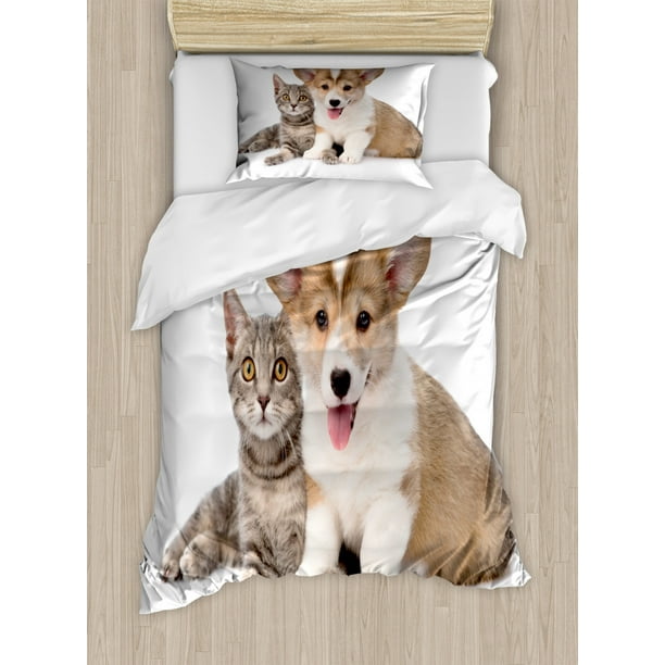 Duvet Cover Set Twin Size, Dog Puppy Kitten Adorable Cute Friends