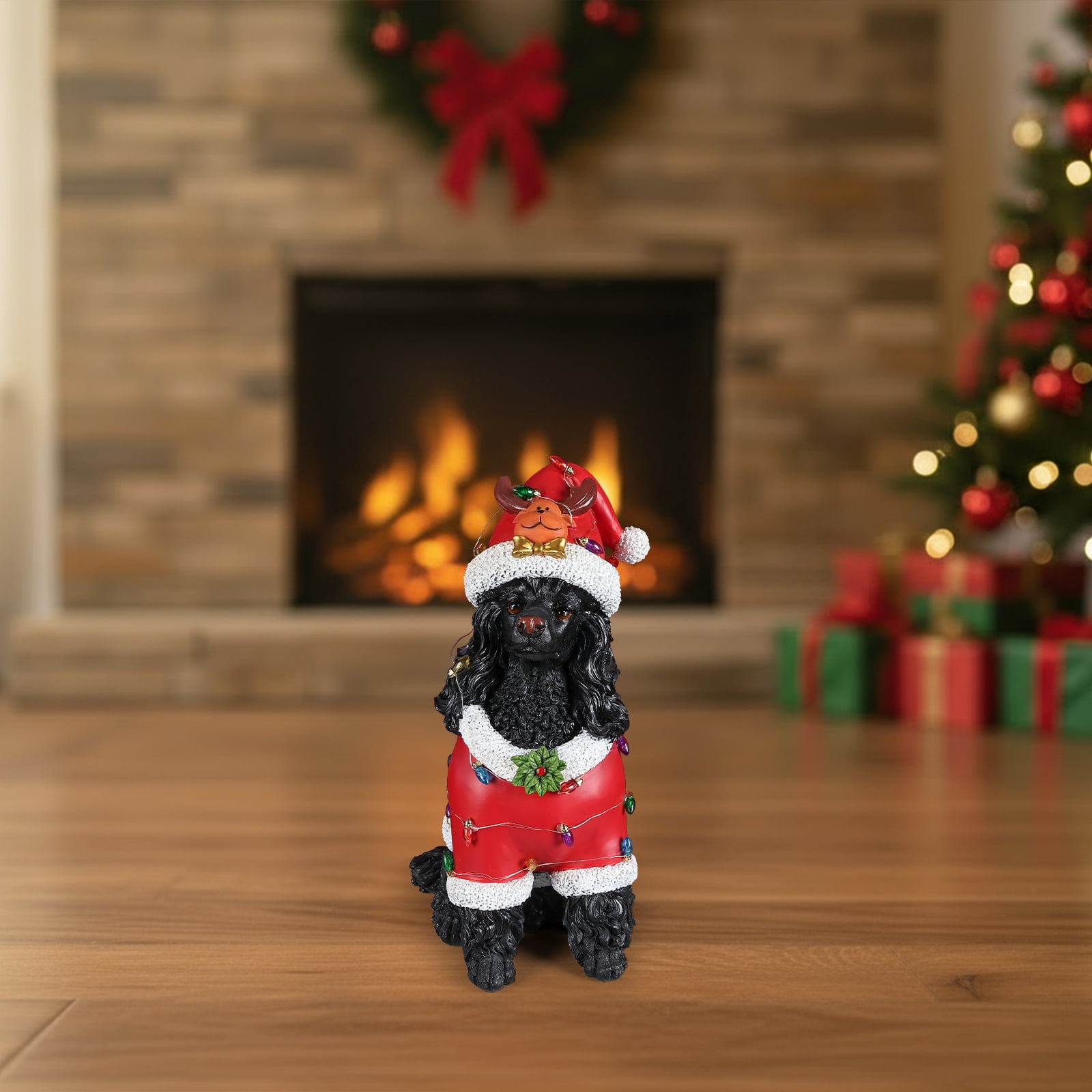 Black Poodle Red Santa Outfit Christmas Dog Statue with Reindeer Antlers Holiday Tabletop Decor