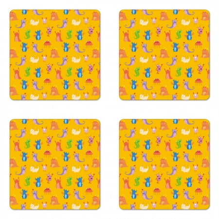 

Nursery Coaster Set of 4 Childish Repetitive Funny Monsters Fantasy Creatures Cartoon Aliens Square Hardboard Gloss Coasters Standard Size Marigold and Multicolor by Ambesonne