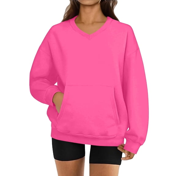 Women's Fashion Solid Color Long Sleeve V-Neck Sweatshirt for Everyday Style and Relaxed Feel with Lightweight,Pink,L