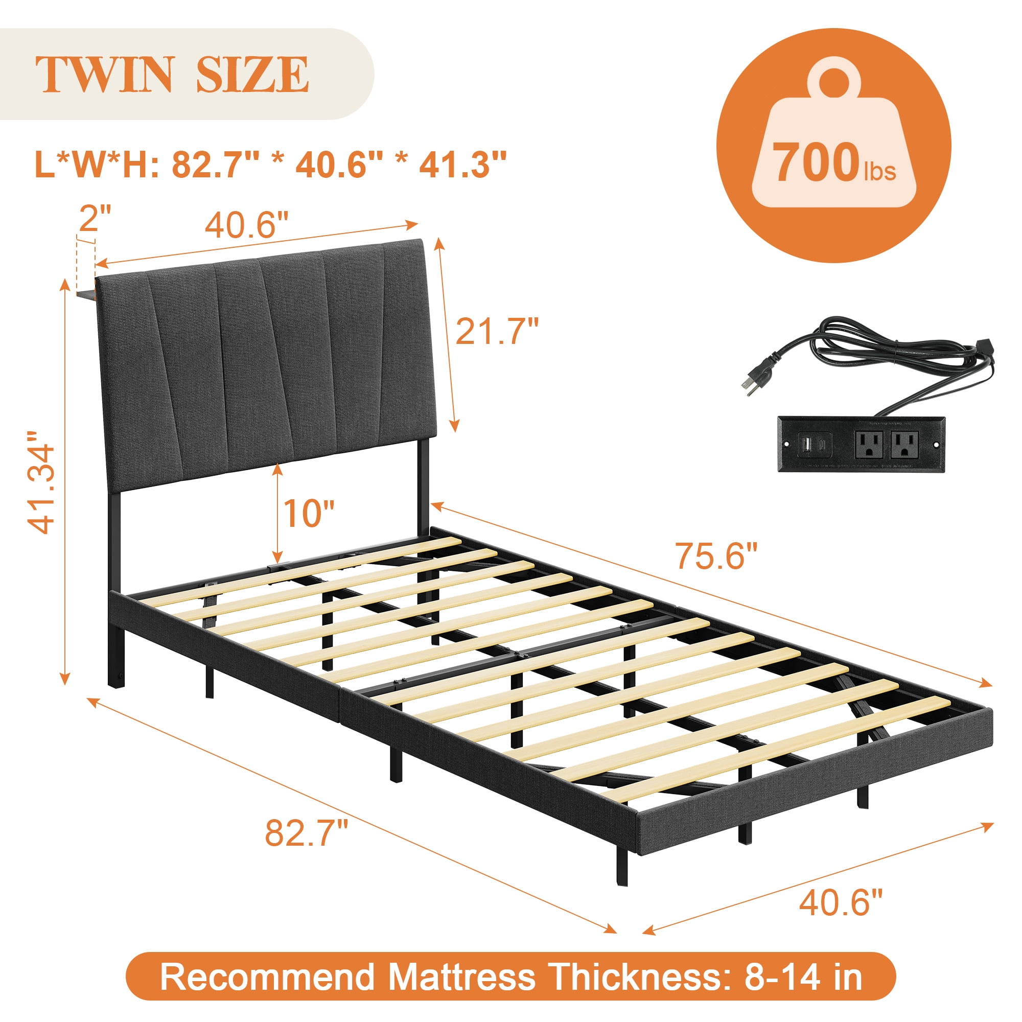 Neche Floating Upholstered Twin Full Queen King Platform Bed Frame with LED Lights, Charging Station & Storage Headboard, Gray