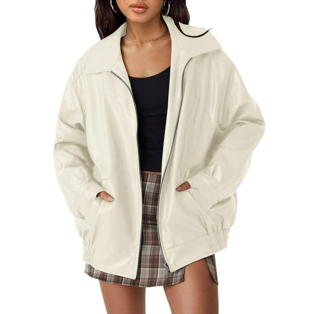 Chaqueta de cuero AUTOMET de gran tamaño de gamuza sintética para mujer, color beige