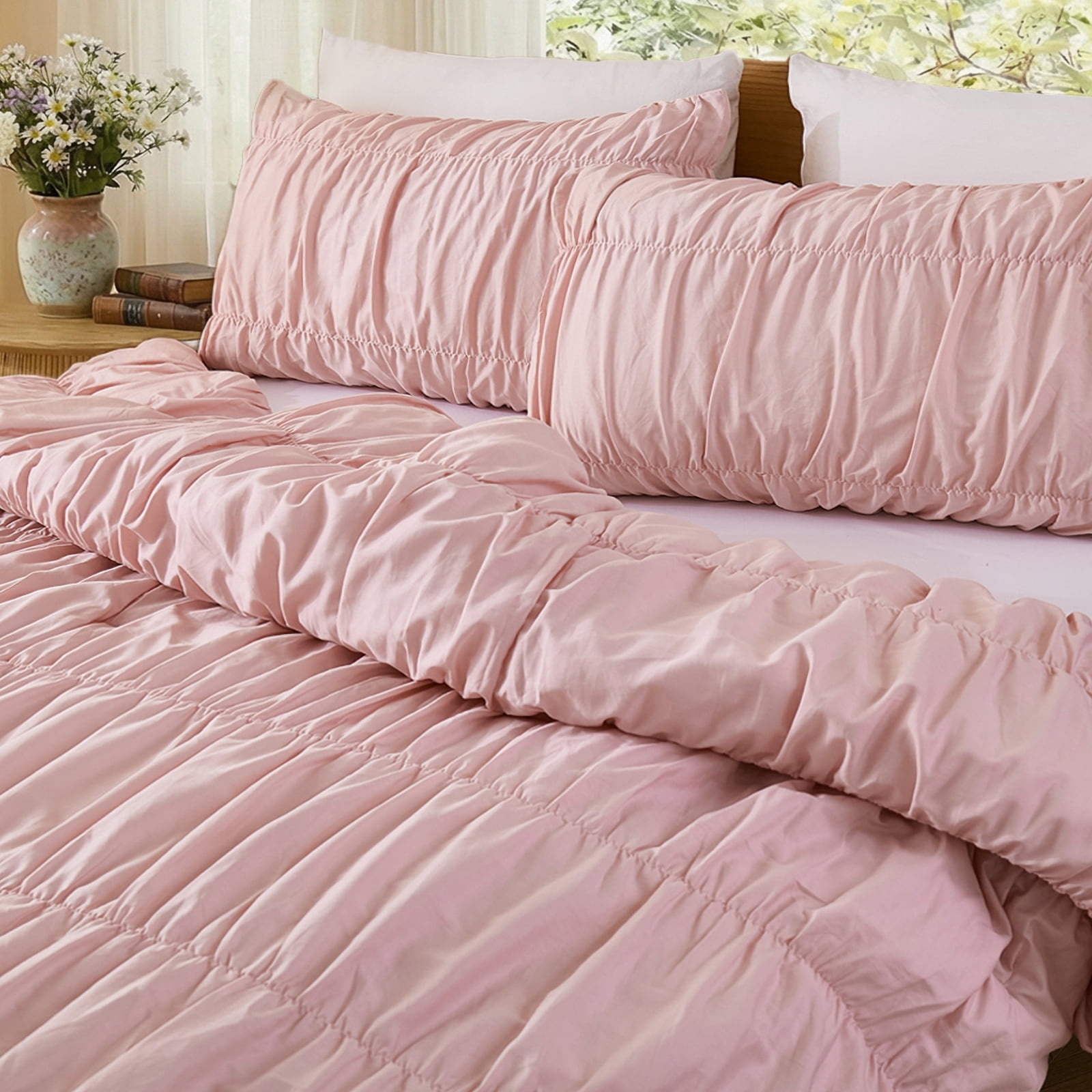 100% Cotton Pink Wrinkle Duvet Cover Set King Size,Ruched Bedding Comforter Cover,Shabby Chic Ruffled 3 Pcs Queen Duvet Cover Set,Bohemian Boho Bedding Set with 1 King Duvet  Cover 2 Pillowcases