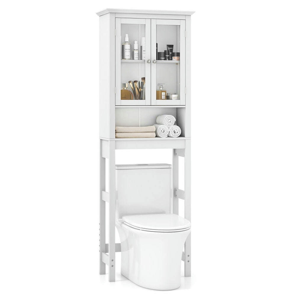 Finihen Toilet Storage Cabinet, Bathroom Cabinet Organizer, Over the Toilet Storage Cabinet with Double Tempered Glass Doors, for Bathroom, White