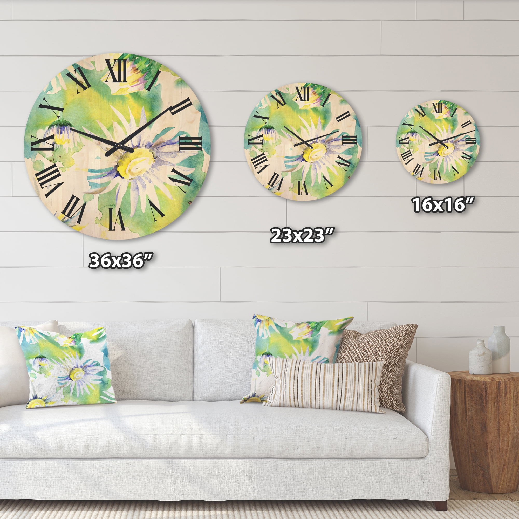 Designart 'Aquarelle Impression of Daisy Flowers II' Traditional Wood Wall Clock