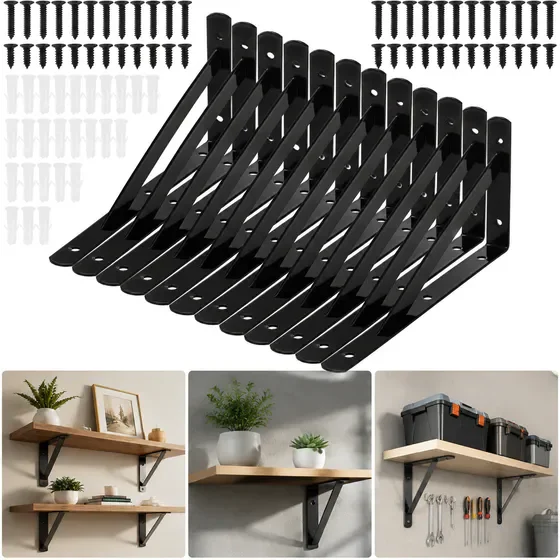 12 Pack Heavy Duty L Shaped Shelf Brackets, Black Powder Coated Carbon Steel Wall Mount Supports