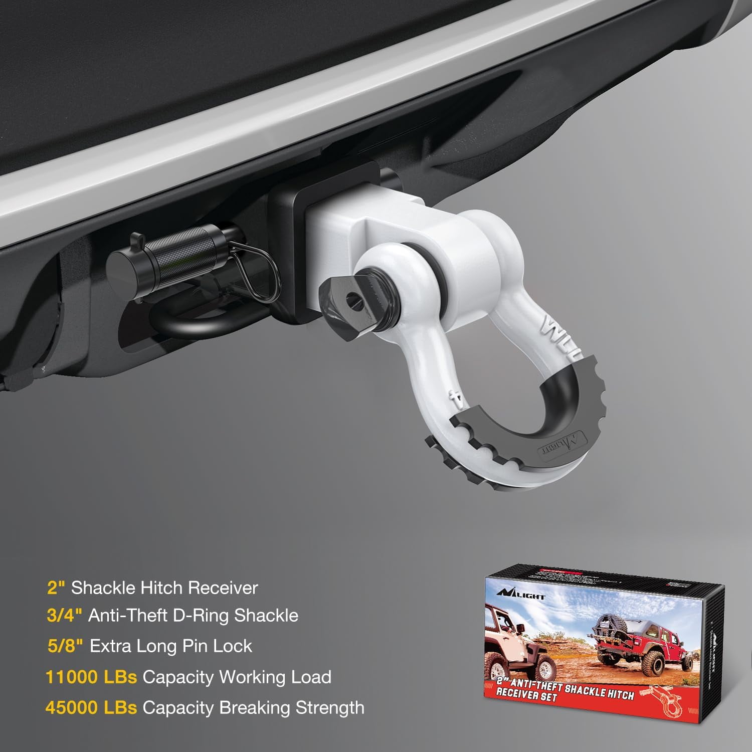 Nilight Anti-Theft Shackle Hitch Receiver 2Inch 45000 LBs Breaking Strength 3/4" Anti-Theft D Ring Shackle 5/8" Trailer Hitch Lock Pin Heavy Duty Solid Towing Kit for Trucks Off Road (White)