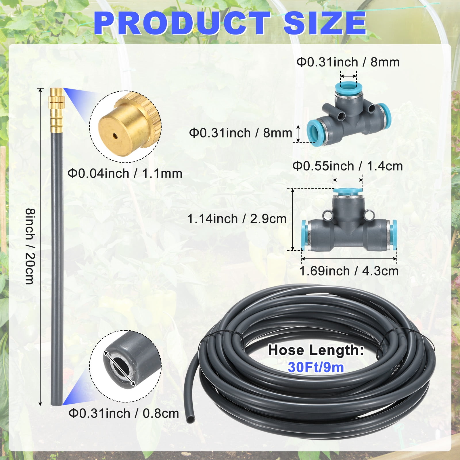Uxcell 1-Set Drip Irrigation System, 30Ft 5/16" Hose Garden Watering Misting System with 10pcs 360° Adjustable Copper Nozzles