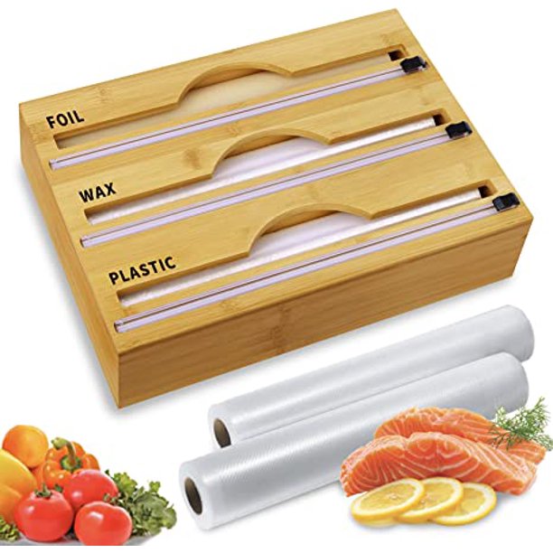 YIHATA Bamboo Plastic Wrap Dispenser with Cutter 3 in 1, Aluminum, Wax