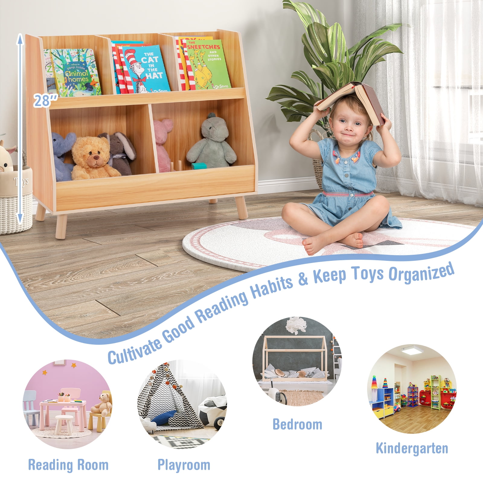 Infans 5-Cube Kids Bookshelf and Toy Organizer Wooden Storage Bookcase w/ Wood Legs