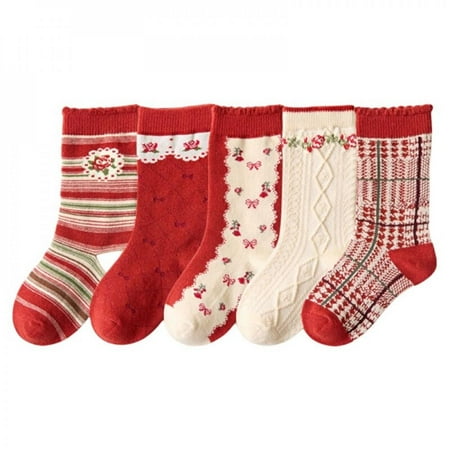 

Christmas Clearance 5 pairs Cotton Christmas Knitting Stockings Mid-Calf Winter Warm Santa Socks For Baby Girl Ladies Festival Student Gifts