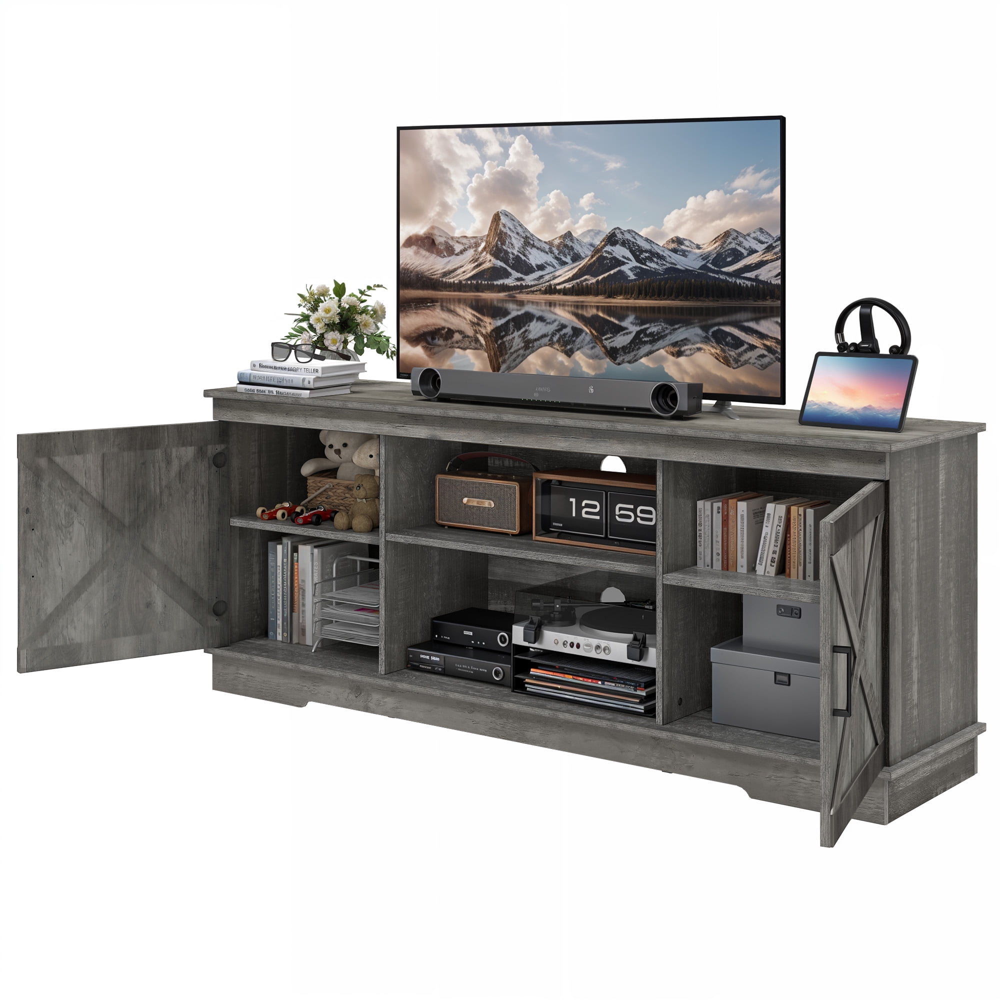Uforic Farmhouse TV Stand for up 65" TVs, Entertainment Center Console Table for Living Room, Gray