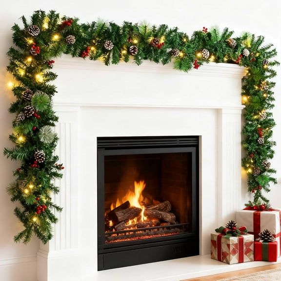 9 FT Christmas Garland with Lights,Pre-Lit Lighted Garland with Pine Cones Red Berries Lush Branches,50 LED Lights, for Mantle Fireplace Indoor Outdoor Home Christmas Decor