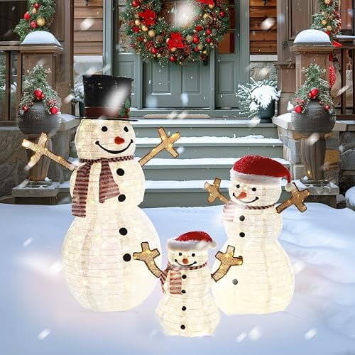 Pop-Up Snowman Christmas Decorations, Set of 3 Collapsible Snowman Family Outdoor Christmas Decorations with 270 LED Warm White Lights, Santa Claus Hat, Yard, Garden, Indoor