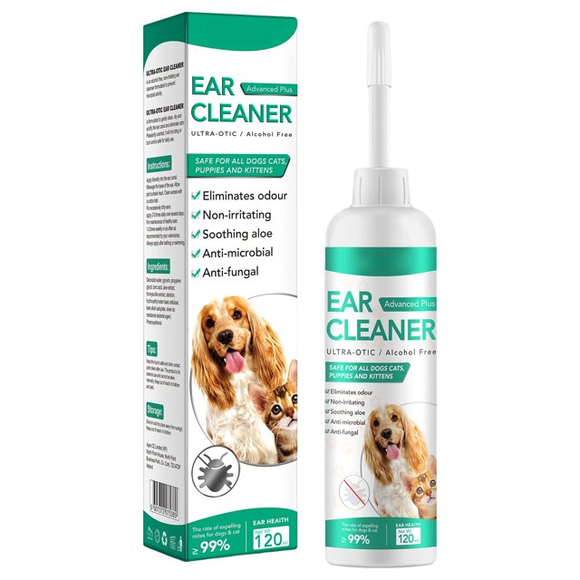 Limpiador de oídos para mascotas de 120 ml y eliminador de ácaros y hongos. Suave y seguro para perros y gatos. Previene infecciones de oído y otros problemas. Fácil de usar. Suministros para