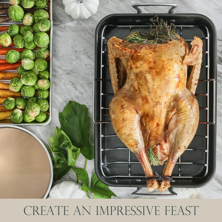 Glad Roasting Pan Nonstick 11x15 - Heavy Duty Metal Bakeware Dish with Rack  - Large Oven Roaster Tray for Baking Turkey, Chicken, and Veggies