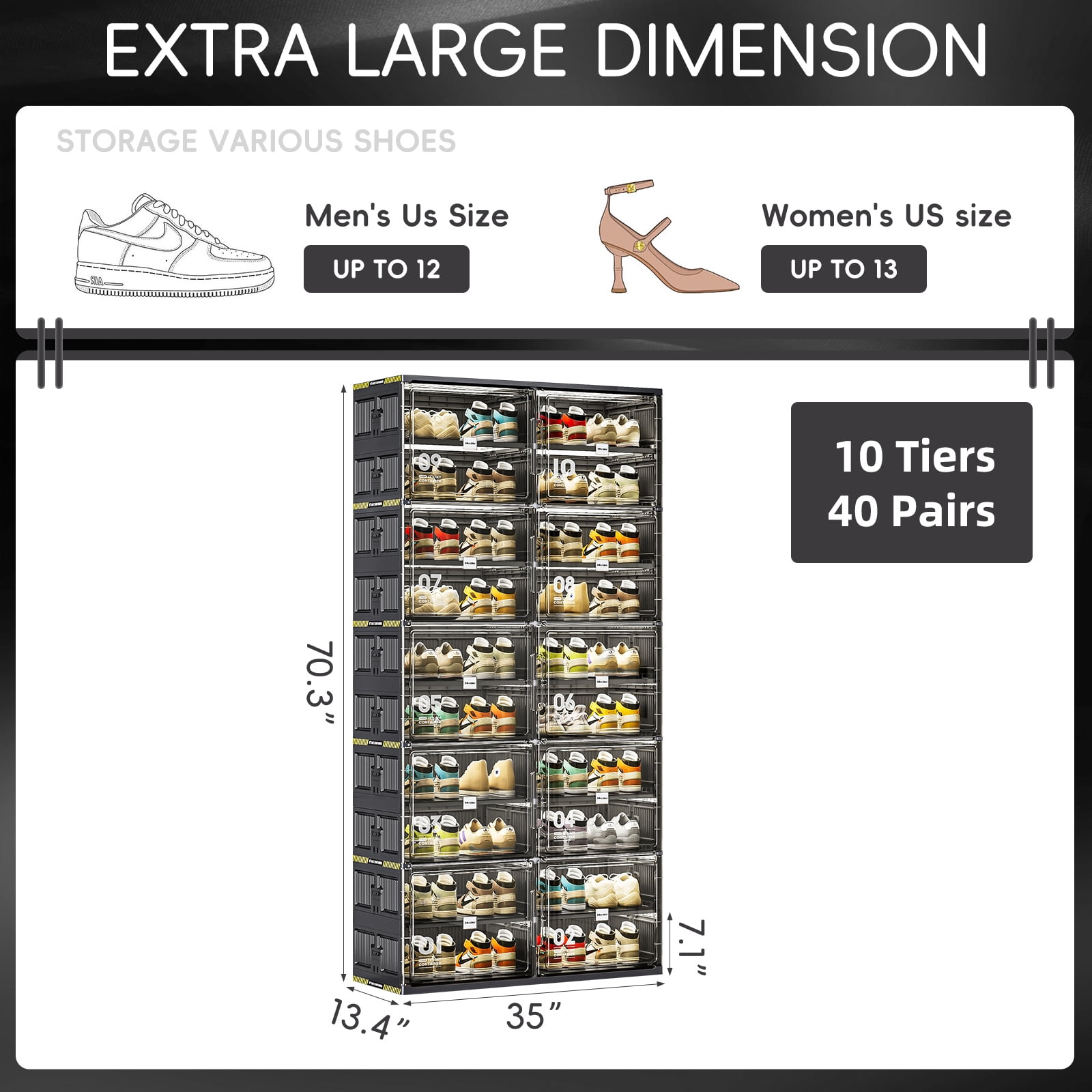 JEKO&JEKO 10-Tier Double Column Foldable Shoe Storage Rack with Magnetic Doors, Black