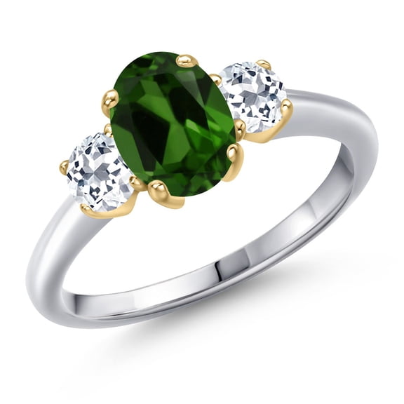 Gem Stone King 925 Silver and 10K Yellow Gold Green Chrome Diopside and White Topaz Engagement Ring for Women | 1.86 Cttw | Oval 8X6MM | Gemstone Birthstone | Size 7