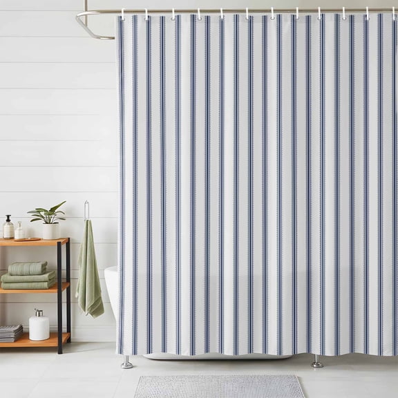Shower Curtains for Bathroom, Navy Blue Striped Waterproof Fabric Shower Curtain, Navy Blue White Stripes Farmhouse Decorative Bathroom Curtain for Bathtub, 36"x72", No Hooks Included