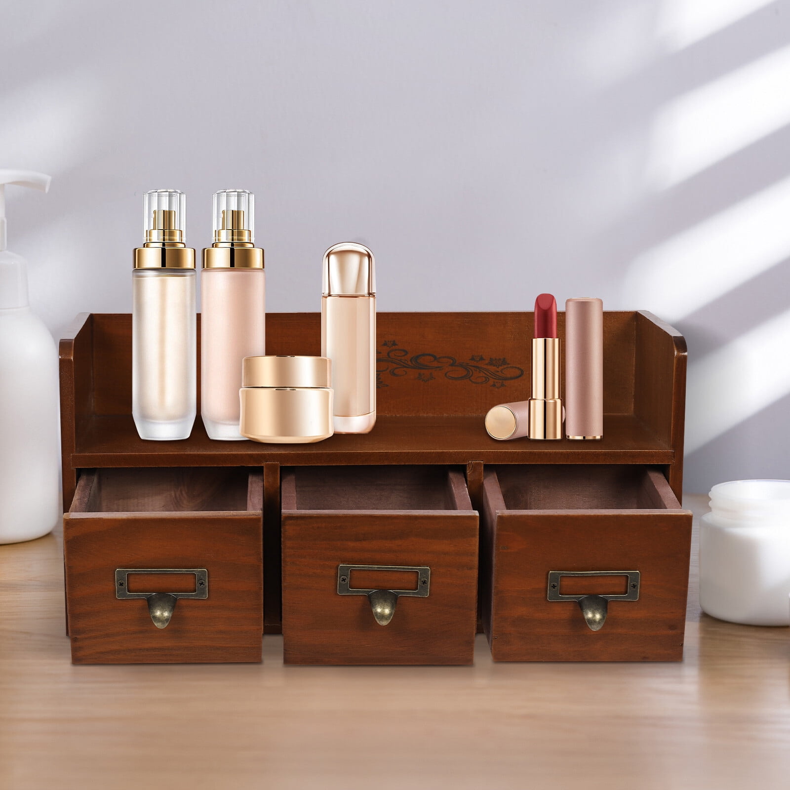 3 Drawers Vintage Desktop Organizer Small Wood Storage Cabinet Cosmetic Jewelry Organizing Box