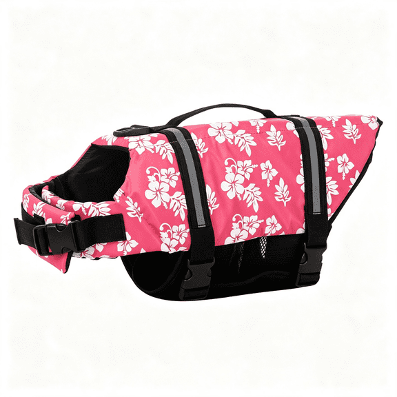 GJX Dog Life Jacket Adjustable Dog Lifevest Swimsuit Safety Vest Apparel Lifesaver Coat for Small Large Cats Puppy Kitty with Handle Reflective for Swimming and Boating Pink Flower Xs