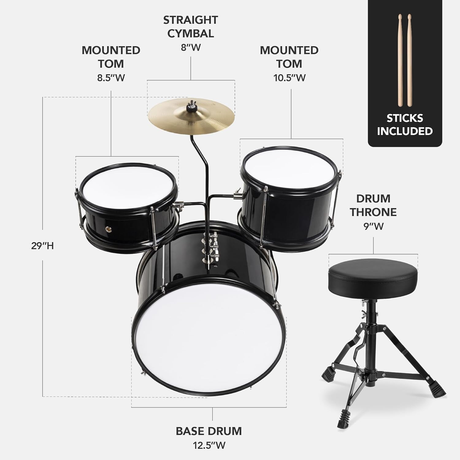 HarmonyStrings 3-Piece Beginner Drum Set for Kids Juniors, w/Throne Stool, Cymbal, Drum Sticks, Bass Drum Pedal, 2 Toms Black
