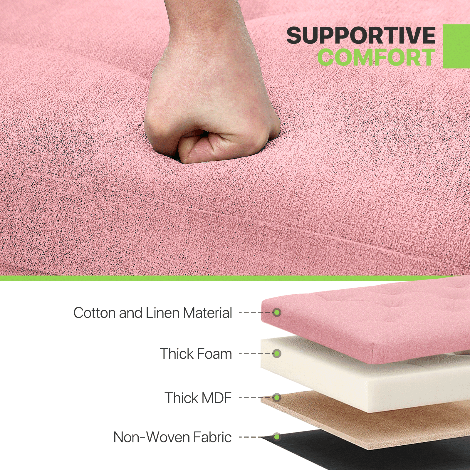 Magshion Foot Stool Ottoman with Padded Seat, Modern Cotton-linen Footrest, Rectangular Seat Stool, Pink