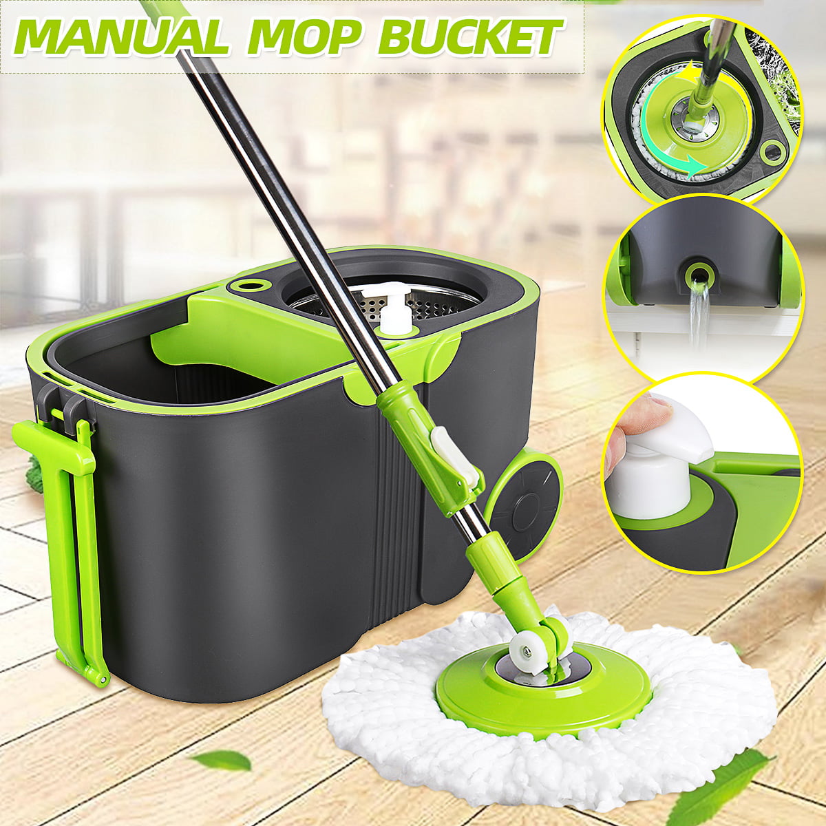 360° STAINLESS STEEL SPIN FLOOR MOP & BUCKET SET WITH 2 MOP HEADS HOME CLEANING 